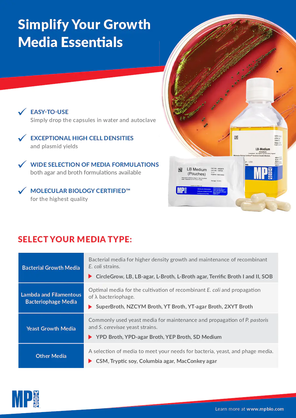 Image du document pdf : brochure sur les médias de croissance de mp biomedicals  