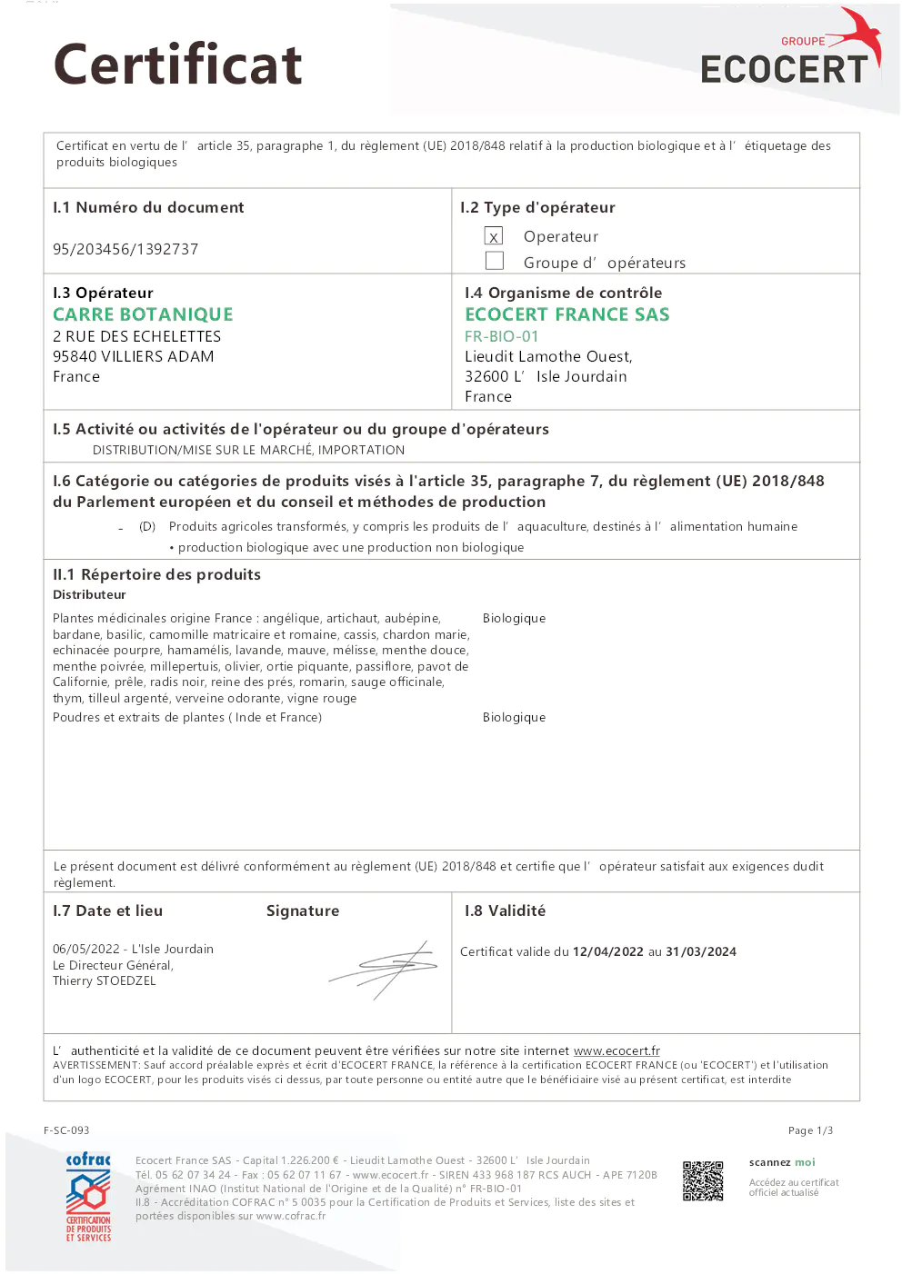 Image du document pdf : certificat de conformité biologique pour carré botanique selon le règlement UE 2018/848  